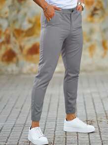 Manfinity Mode Men Suit Pants Nút Túi màu trơn - Xám - Xem 3