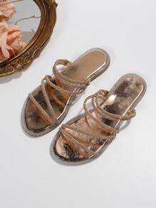 Dép Sandal Quyến Rũ Cho Nữ, Dép Sandal Quai Nhiều Quai Giả Da Lộn Đính Đá Trang Trí Valentine - Rượu sâm banh - Xem 4