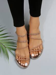 Dép Sandal Quyến Rũ Cho Nữ, Dép Sandal Quai Nhiều Quai Giả Da Lộn Đính Đá Trang Trí Valentine - Rượu sâm banh - Xem 8