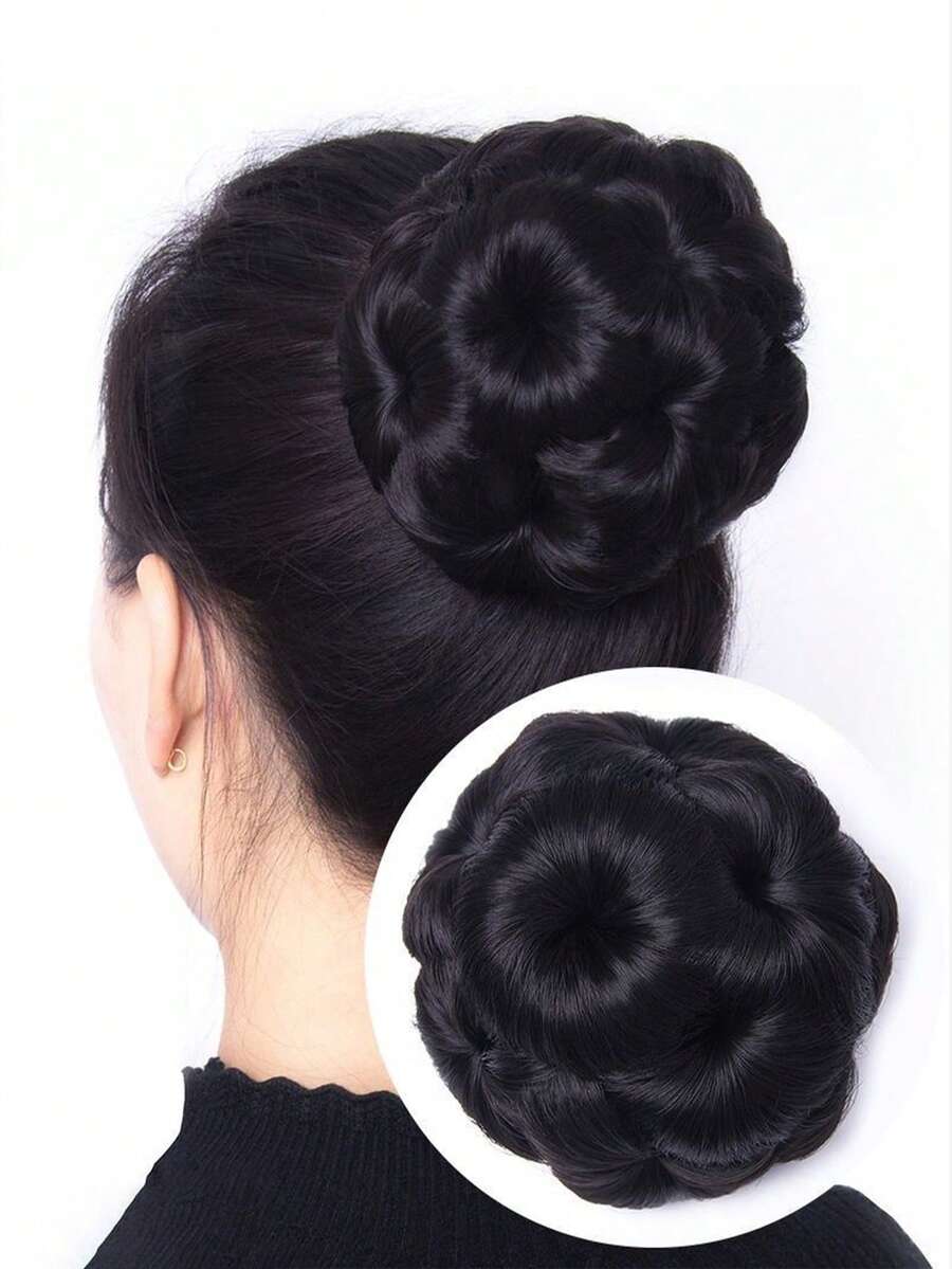 拼接梳子花卉圖案芽短合成纖維髮髻 - 黑色 - 查看 1