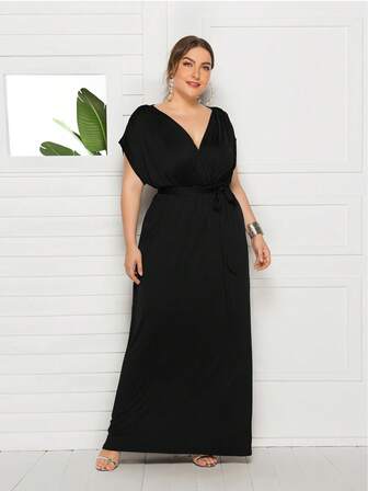 Plus Size Solid Belted Dress