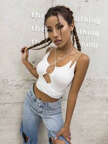 鏤空十字交叉後綁帶吊帶上衣 - 白色 - 查看 5