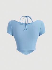 SHEIN MOD Tie Front Halter Neck Bandana Hem Tee - Baby Blue - View 2