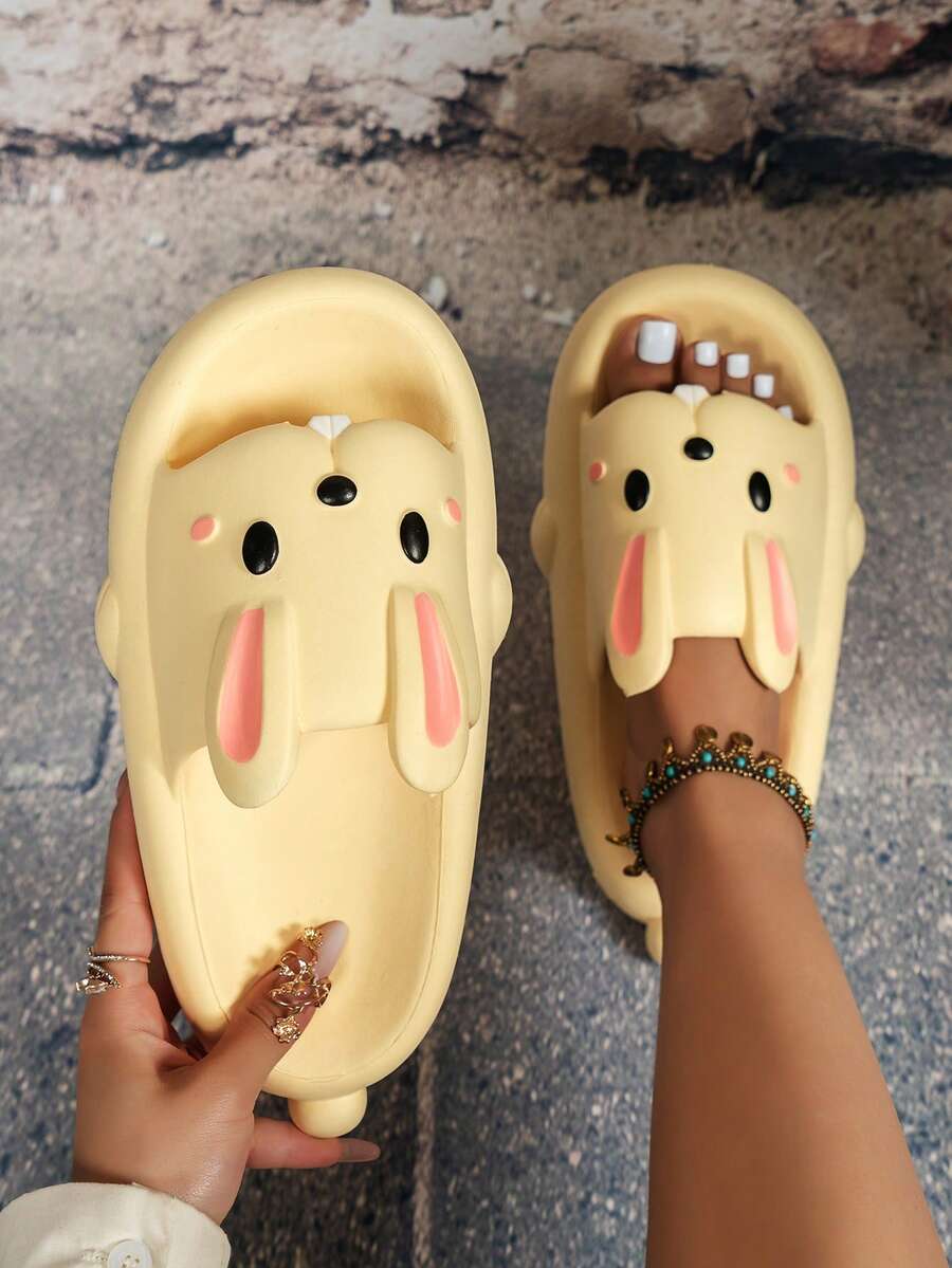Preppy Slippers For Women, Cartoon Rabbit Design Slides - Yellow - View 1