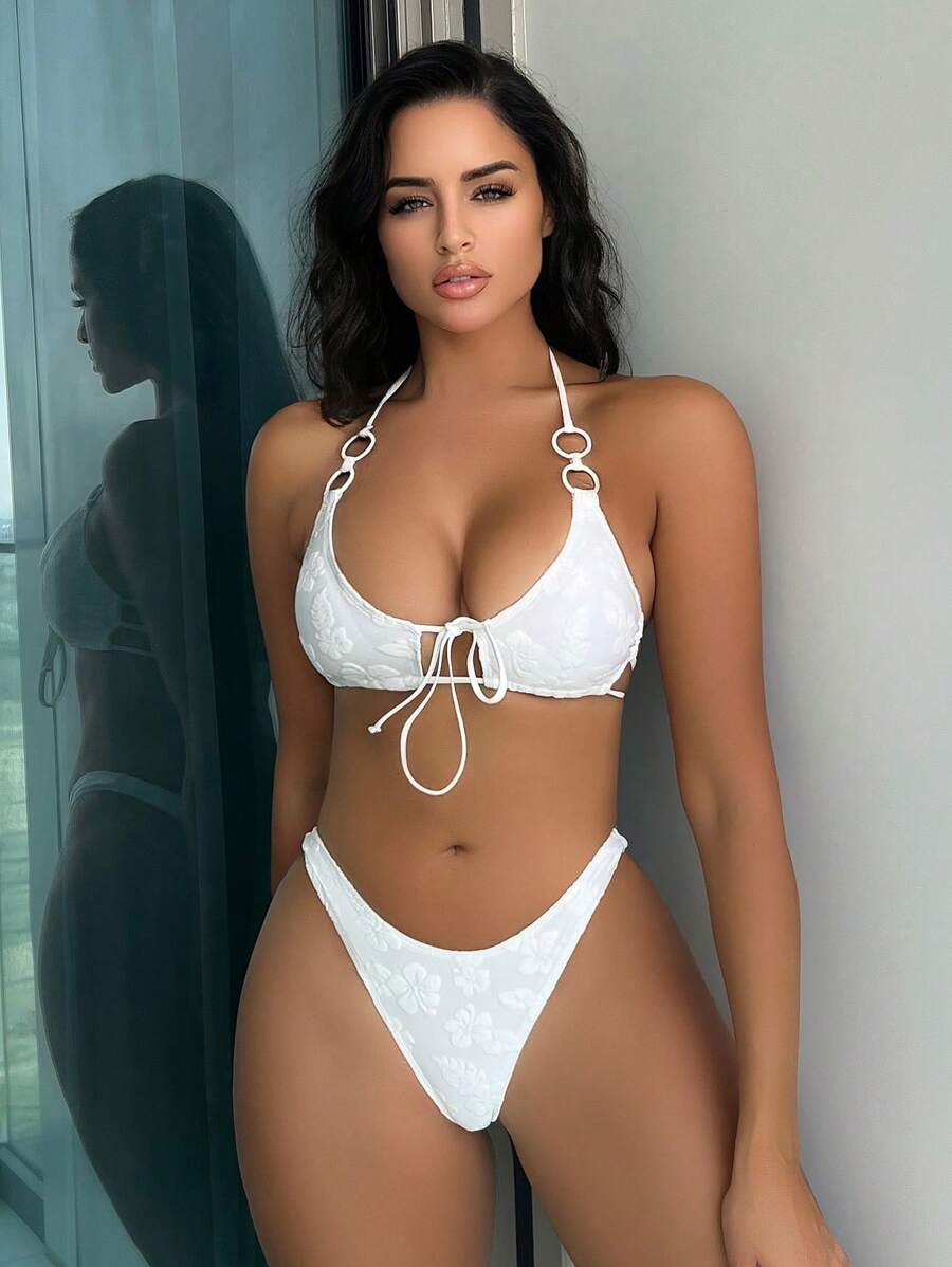 SHEIN Swim 環鏈掛脖比基尼泳裝 - 白色 - 查看 1