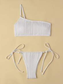 SHEIN 單肩側繫帶比基尼泳裝 - 白色 - 查看 6