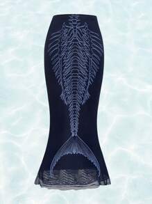 ROMWE Fairycore Nàng tiên cá đồ họa in Nàng tiên cá Hem Lưới Overlay Váy - Màu xanh hải quân - Xem 1