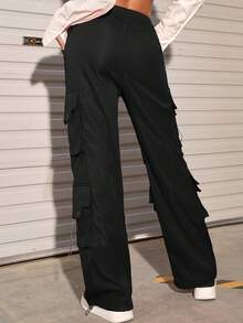 Flap Pocket Drawstring Hem Cargo Parachute Trousers - Black - View 2