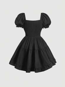 SHEIN MOD 前繫帶泡泡袖多層下擺連衣裙 - 黑色 - 查看 2