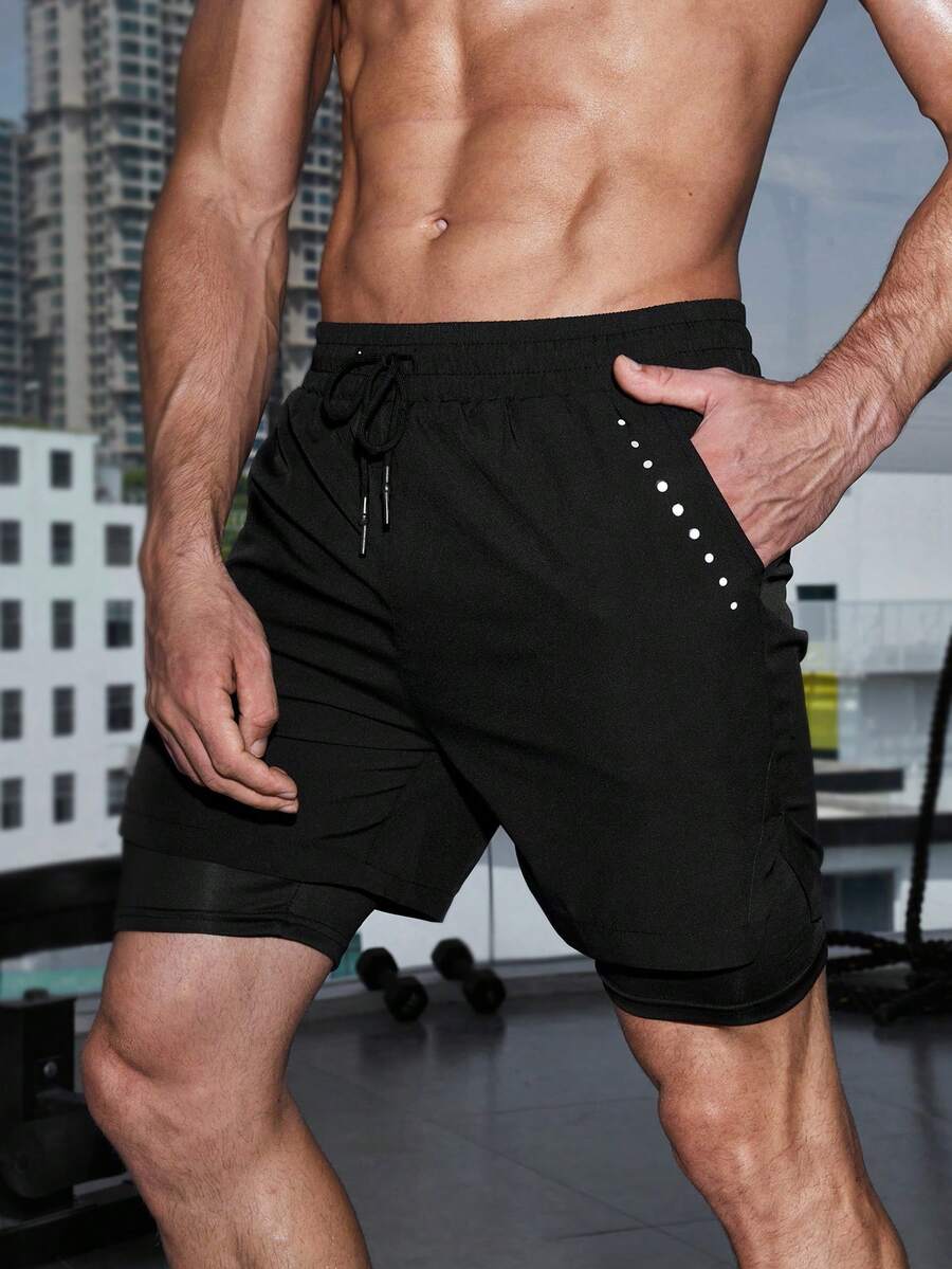 Men Drawstring Waist 2 In 1 Sports Shorts With Phone Pocket - Black - View 1