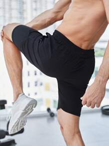 Men Drawstring Waist 2 In 1 Sports Shorts With Phone Pocket - Black - View 2