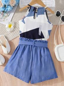SHEIN Girls Geo Graphic Halter Top & Paperbag Waist Shorts