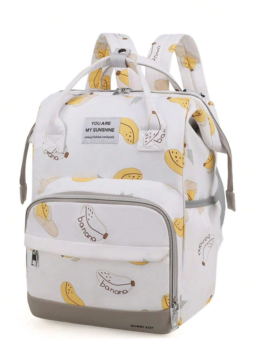 Bebé Mochila bolsa de pañal con estampado de plátano y letra con multi bolsillo - Blanco - Ver 1