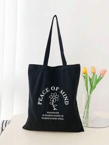 小號購物袋字母和花卉圖案預科生書包適合畢業生、青少年女孩、新生、大二、大三和大四學生、大學和高中，非常適合戶外、旅行和返校 - 黑色 - 查看 1