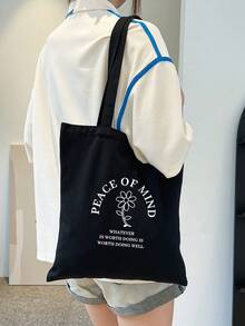 小號購物袋字母和花卉圖案預科生書包適合畢業生、青少年女孩、新生、大二、大三和大四學生、大學和高中，非常適合戶外、旅行和返校 - 黑色 - 查看 3