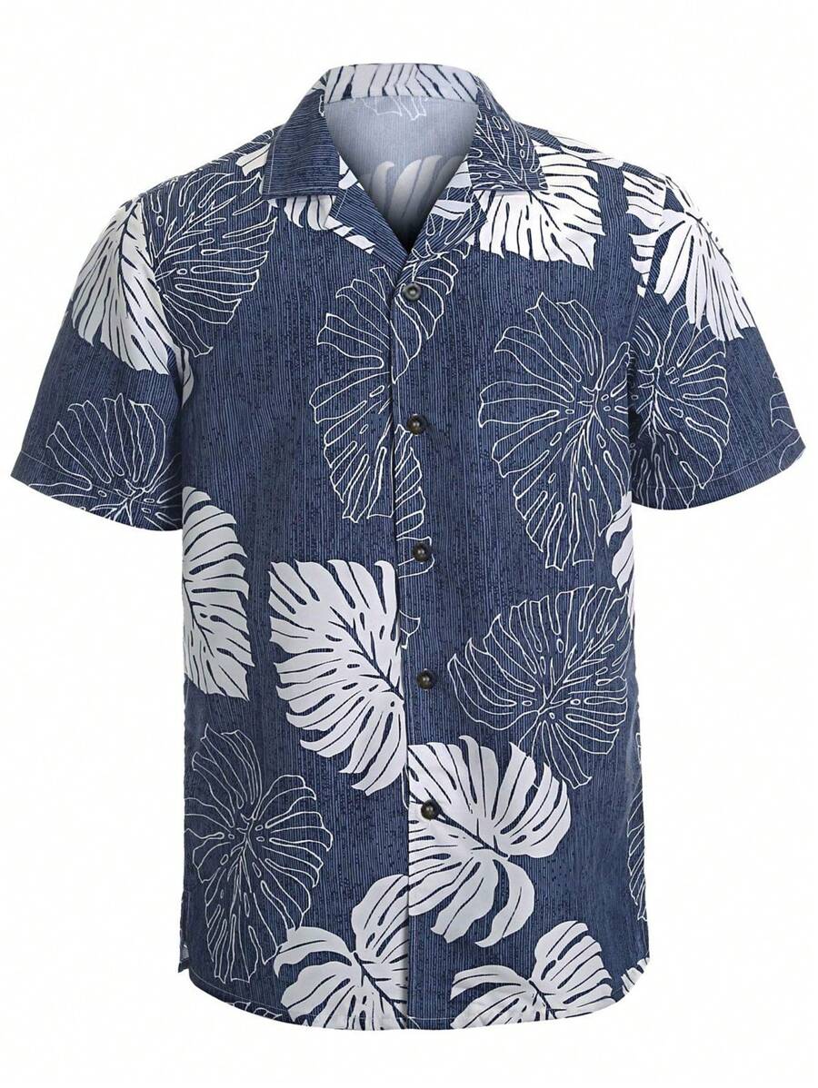 Áo sơ mi Nam Nút phía trước Nhiệt đới Boho - Xanh và trắng - Xem 1