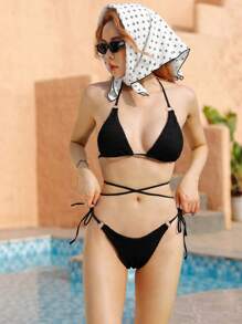 Bikini Halter Micro Triangle Thong Mùa Hè - màu đen - Xem 3
