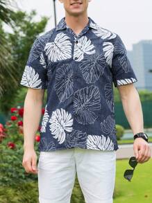 Áo sơ mi Nam Nút phía trước Nhiệt đới Boho - Xanh và trắng - Xem 3