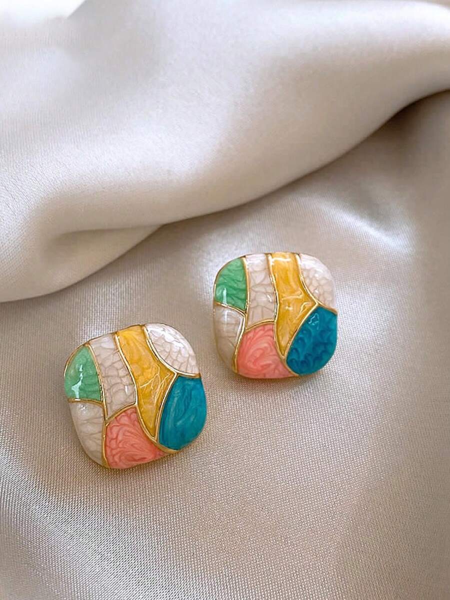 1pair(2pcs) Geometric Multicolor Drip Glaze Stud Earrings - Multicolor - View 1