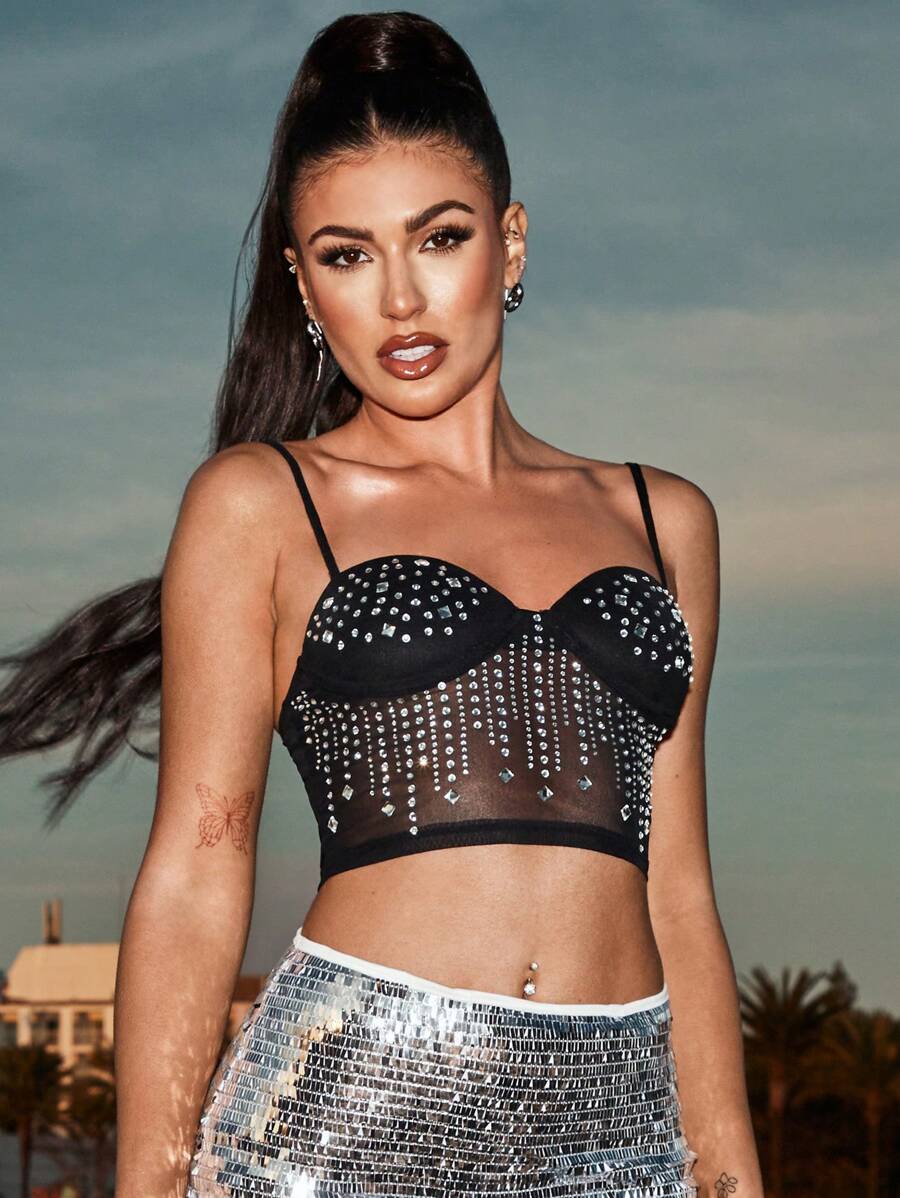 SHEIN BAE 水鑽細節網紗吊帶上衣