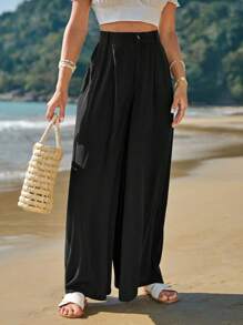 SHEIN Frenchy 素色闊腿褲 - 黑色 - 查看 1