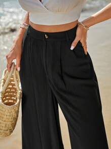 SHEIN Frenchy 素色闊腿褲 - 黑色 - 查看 2