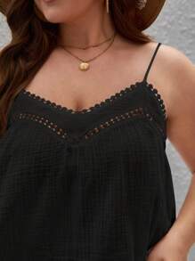 SHEIN Frenchy Áo hai dây Plus Size Tương phản ren màu trơn Giải trí - màu đen - Xem 3