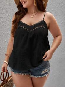 SHEIN Frenchy Áo hai dây Plus Size Tương phản ren màu trơn Giải trí - màu đen - Xem 5