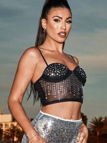 SHEIN BAE 水鑽細節網紗吊帶上衣 - 黑色 - 查看 11