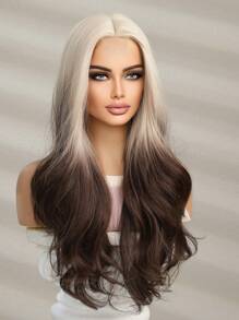 白漸層黑棕中長捲曲u型蕾絲化纖頭套,每日進口絲四合一 - 彩色 - 查看 2