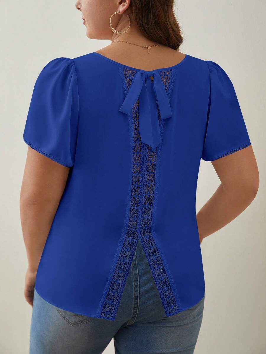 SHEIN Frenchy 大碼水溶蕾絲拼接後綁帶泡泡袖襯衫 - 寶藍色 - 查看 1