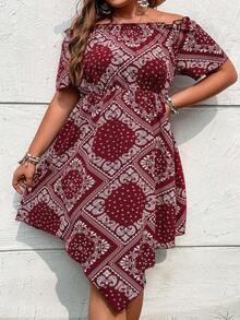 SHEIN Holidaya 大碼佩斯利絲巾圖案一字肩手帕下擺連衣裙 - 酒紅色 - 查看 4