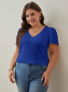 SHEIN Frenchy 大碼水溶蕾絲拼接後綁帶泡泡袖襯衫 - 寶藍色 - 查看 3