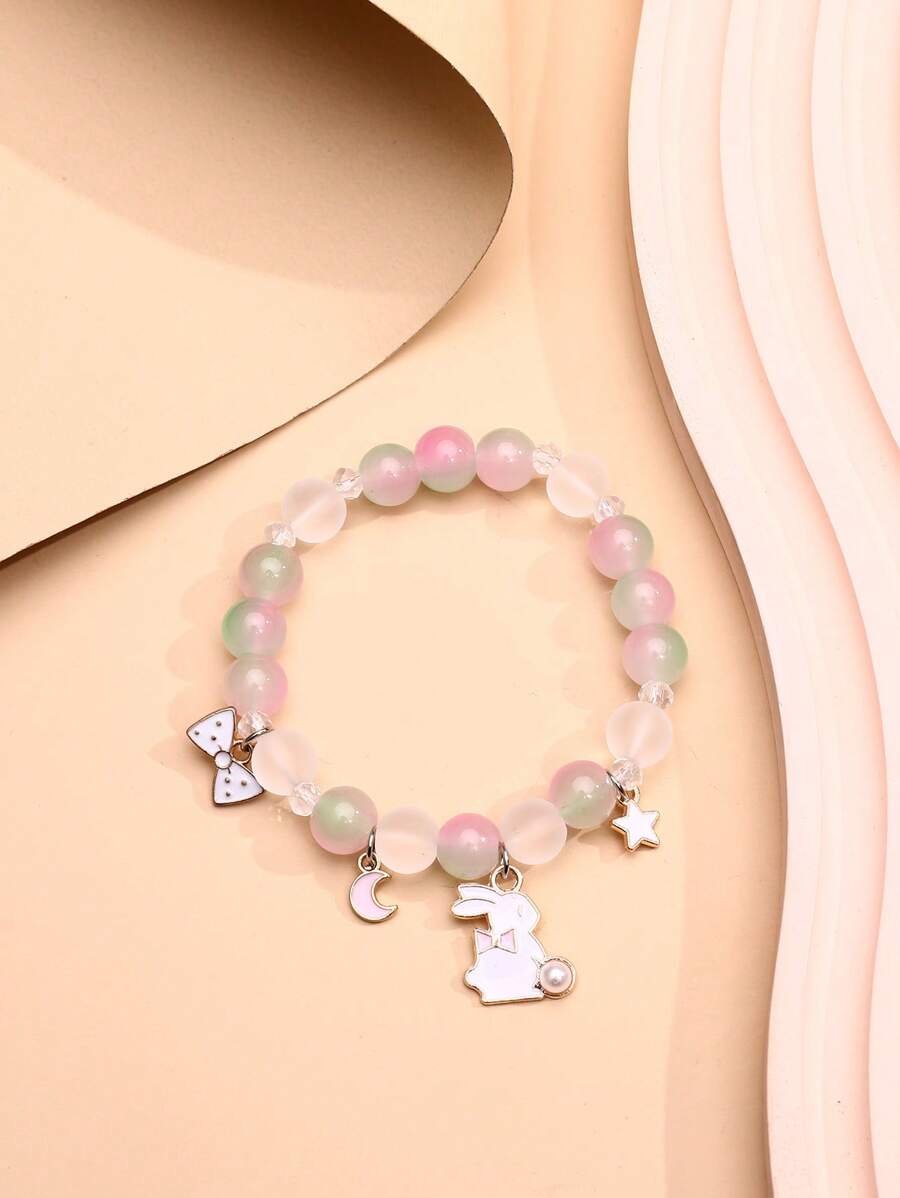 1入組時尚人造珍珠裝飾卡通兔子和星形墜飾串珠手鏈適合女士日常裝飾 - 彩色 - 查看 1