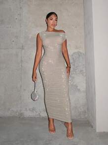 SHEIN SXY Asymmetrical Neck Ruched Detail Bodycon Dress,Prom Dress