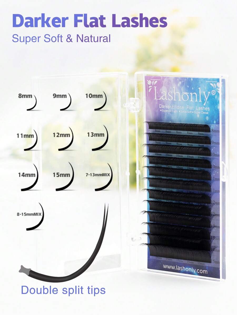 Qeelasee 一箱 8~15 毫米混合橢圓扁平睫毛延長霧面深色羊絨睫毛延長柔軟個人睫毛