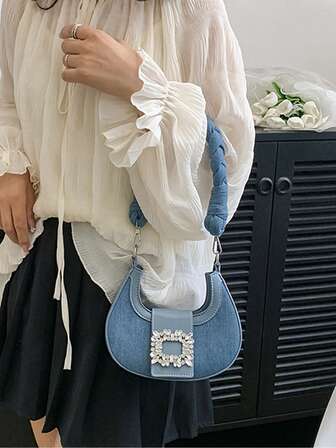 Mini Hobo Bag Rhinestone Decor Flätad rem Snygg jeansväska underarmsväska Snygg väska med vriden rem Damarmhålsväska med Rhinestone Decor Bucklecrossbody Bag, Axelväska,Casual För tjej,För kvinna Presentväska,Utomhus,Resor,Utflykter,Shopping,Semester, Vintage Jeansväska För kvinnor