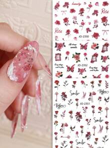 3片花卉圖案指甲貼紙，DIY指甲貼紙 - 彩色 - 查看 1