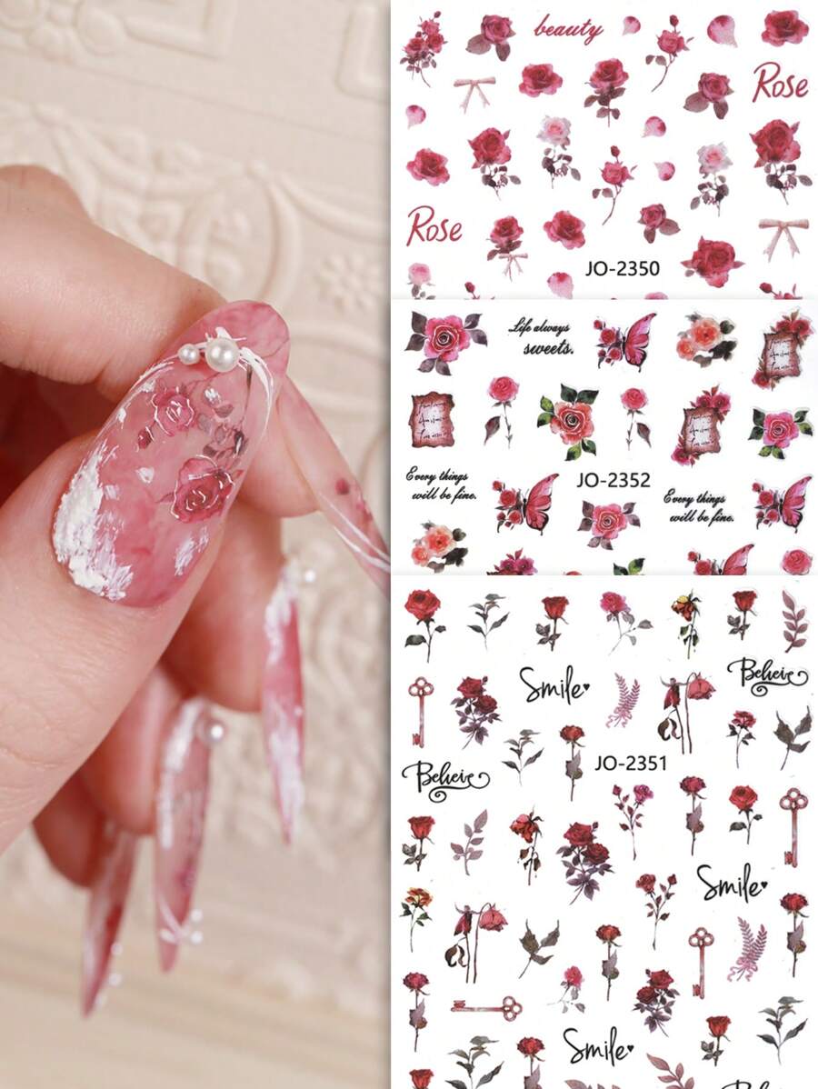 3片花卉圖案指甲貼紙，DIY指甲貼紙 - 彩色 - 查看 1