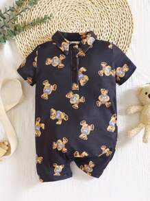 SHEIN 嬰兒小熊印花Polo領連身短褲 - 黑色 - 查看 1
