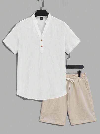 HIMLAND Loose-Fit Men's Cotton Half-Button Shirt And Drawstring Waist Shorts Set