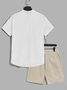 HIMLAND Loose-Fit Men's Cotton Half-Button Shirt And Drawstring Waist Shorts Set