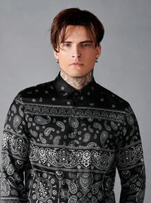 GENTILAND Men Paisley Print Button Front Shirt - Black and White - View 4
