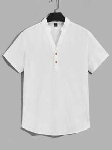 HIMLAND Loose-Fit Men's Cotton Half-Button Shirt And Drawstring Waist Shorts Set