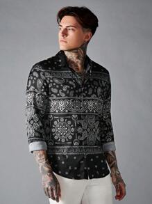 GENTILAND Men Paisley Print Button Front Shirt - Black and White - View 5