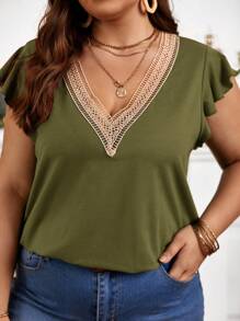 SHEIN Frenchy Plus Guipure Lace Panel Butterfly Sleeve Tee - Olive Green - View 1