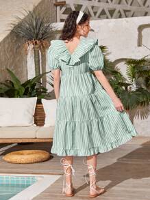 SHEIN 青少年女孩條紋圖案荷葉邊洋裝 - 薄荷綠 - 查看 2