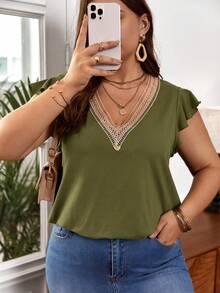 SHEIN Frenchy Plus Guipure Lace Panel Butterfly Sleeve Tee - Olive Green - View 3