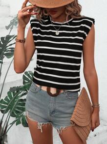 SHEIN Holidaya Striped Print Shoulder Pad Tank Top - Black and White - View 4