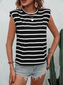SHEIN Holidaya Striped Print Shoulder Pad Tank Top - Black and White - View 5